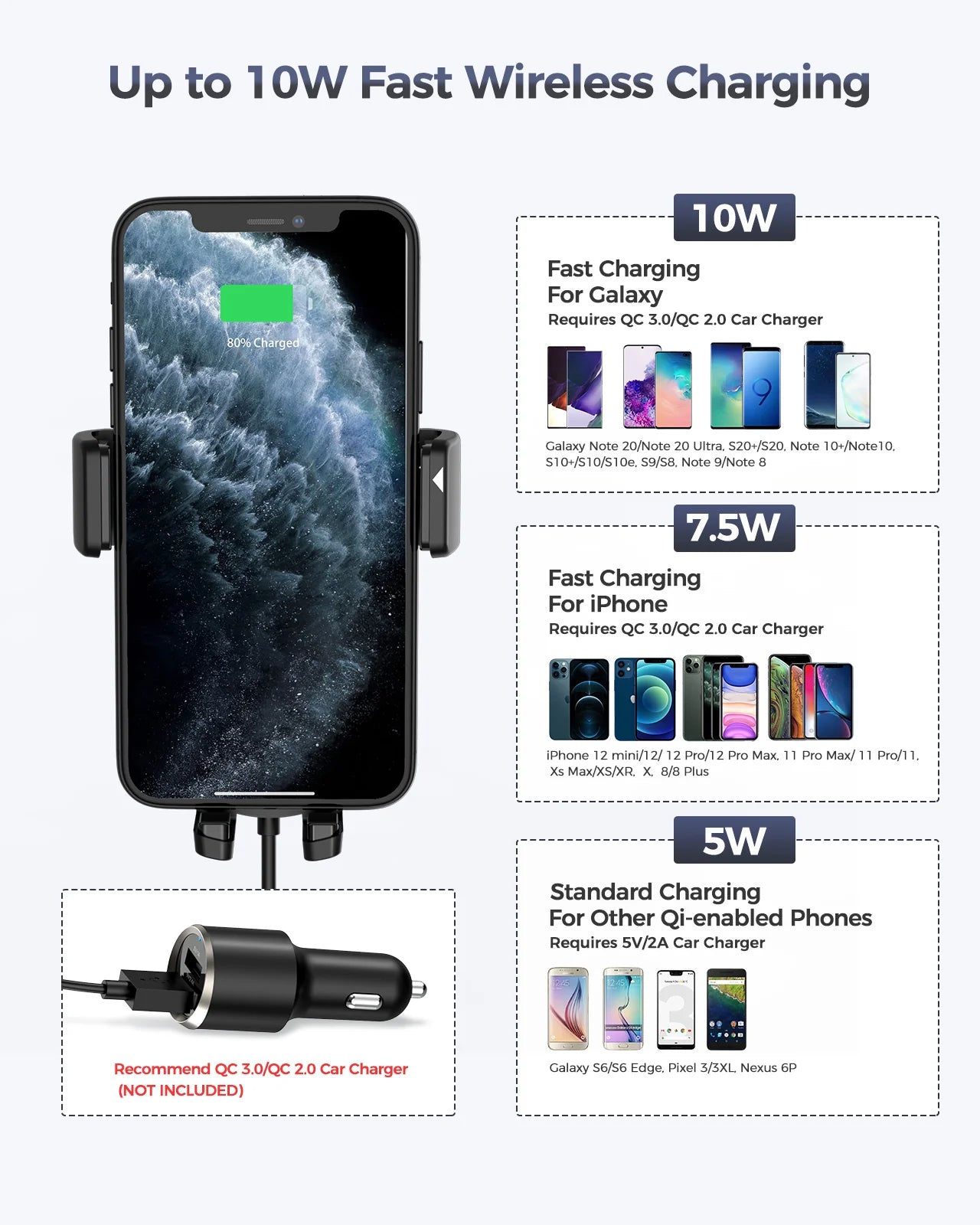 Wireless Car Charger, 10W/7.5W/5W, Auto-Clamping